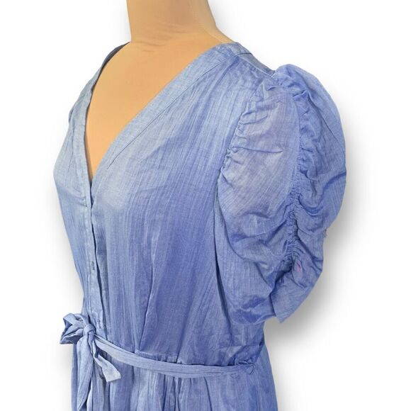 DKNY Dress Blue Chambray Front Button Vneck Short Puff Sleeve Midi Size 16 - Picture 5 of 10